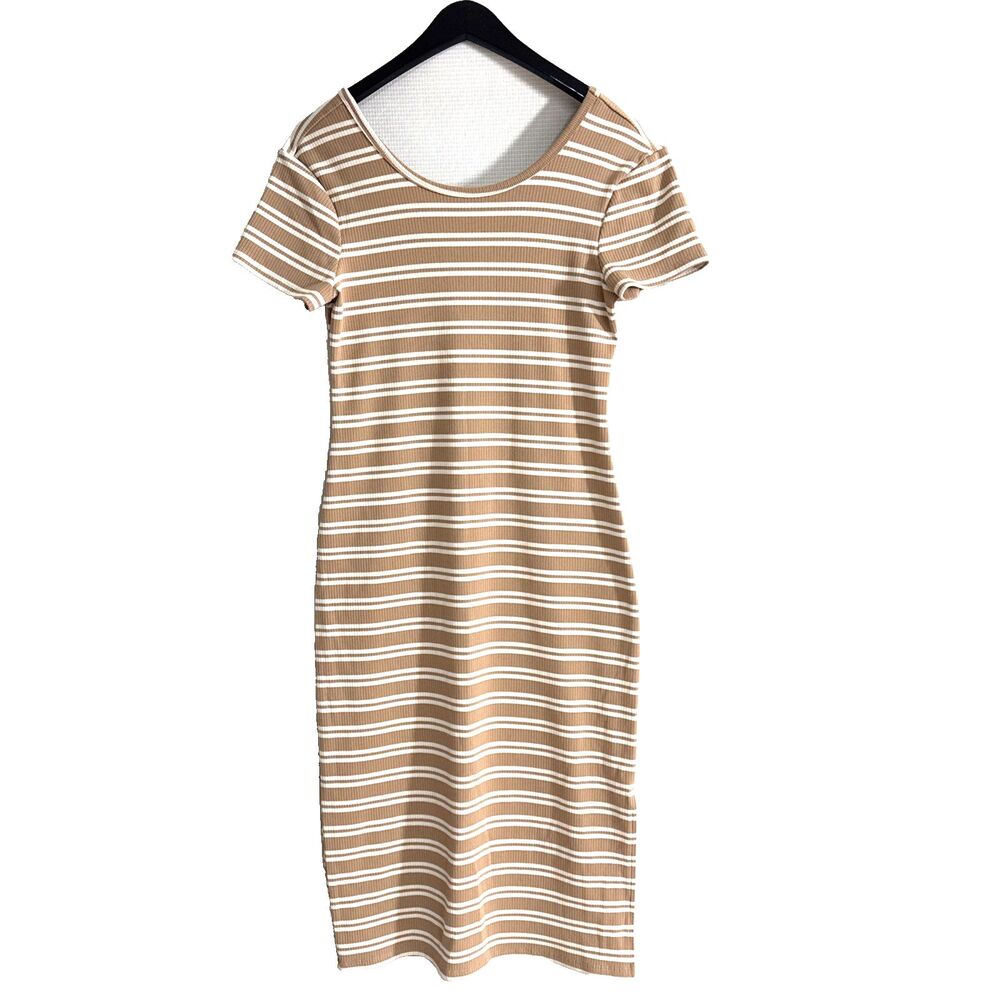 Tan & White Striped Long Dress by No Comment - M - professional comfortable